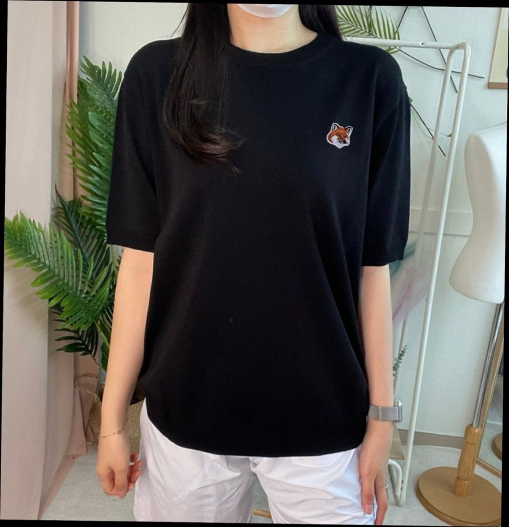 메종키츠네 브라운 폭스헤드 컬러풀 라운드 반팔 니트