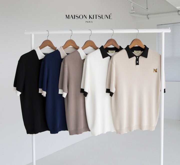 메종키츠네 폭스헤드 배색 카라 반팔 니트