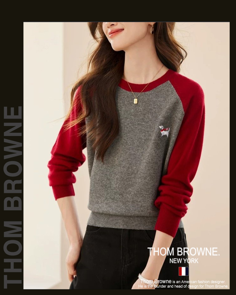 톰브라운 여성 25-859 닥스훈트 팔 배색 라운드 니트