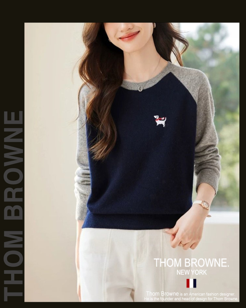 톰브라운 여성 25-859 닥스훈트 팔 배색 라운드 니트