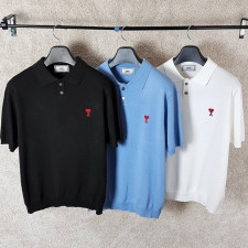 아미 체인 자수 카라 반팔 니트