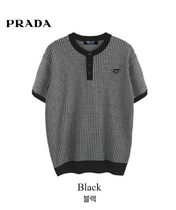 프라다 머슬 하운드 패턴 헨리넥 반팔 니트
