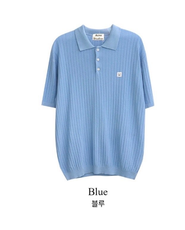 아크네 스튜디오 페이스 패치 단추 카라 반팔 니트