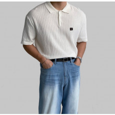 아크네 스튜디오 페이스 패치 단추 카라 반팔 니트