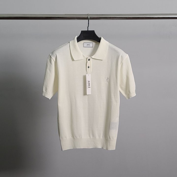 아미 화이트 하트 자수 린넨 반팔 카라 니트