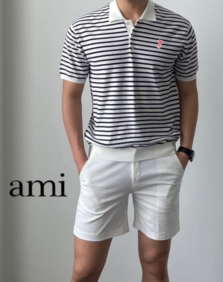 아미 스몰 하트 마린 스트라이프 배색 카라 반팔 니트