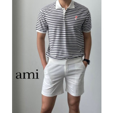 아미 스몰 하트 마린 스트라이프 배색 카라 반팔 니트