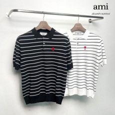 아미 스몰 하트 스트라이프 카라 반팔 니트