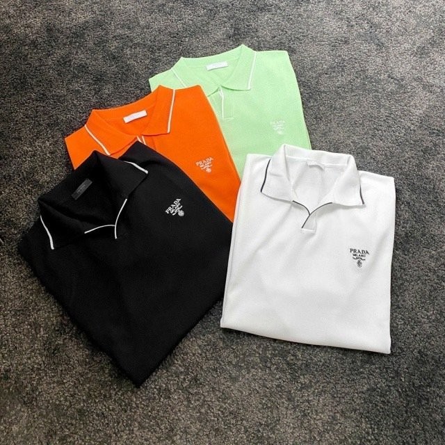 프라다 개버딘 자수 로고 오픈 카라 반팔 니트