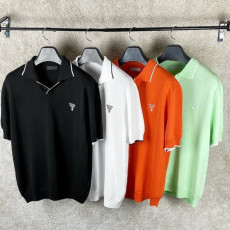 프라다 개버딘 자수 로고 오픈 카라 반팔 니트