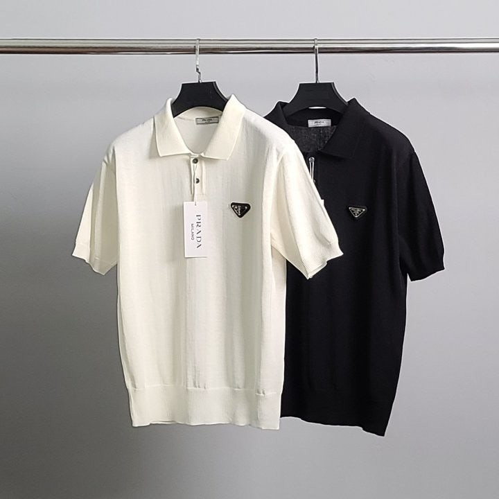 프라다 로고 와펜 린넨 반팔 카라 니트