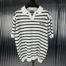 미우미우 스트라이프 오픈 카라 반팔 니트