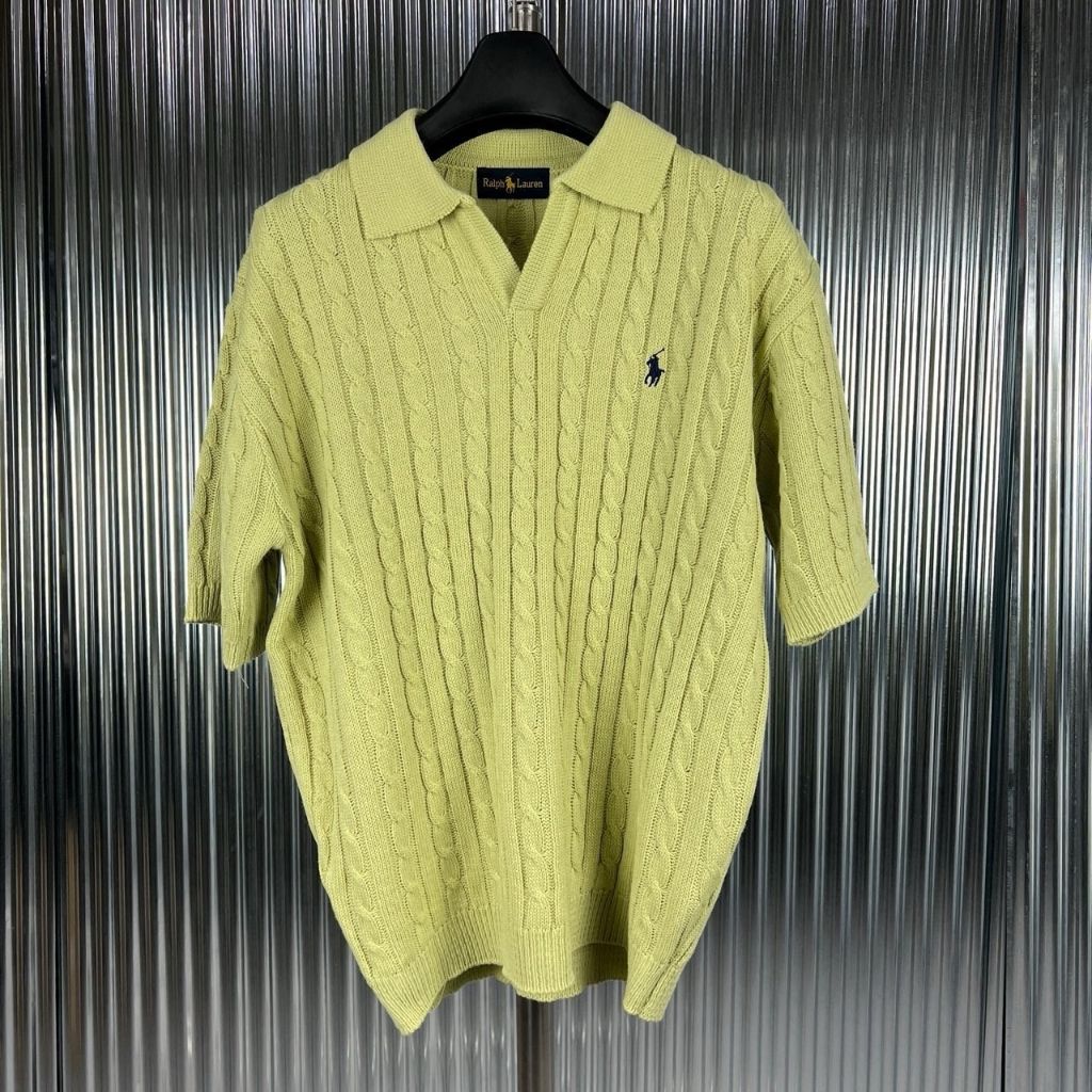 폴로 머슬 케이블 오픈 카라 반팔 니트