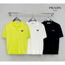 프라다 삼각 플레이트 오픈 카라 반팔 니트