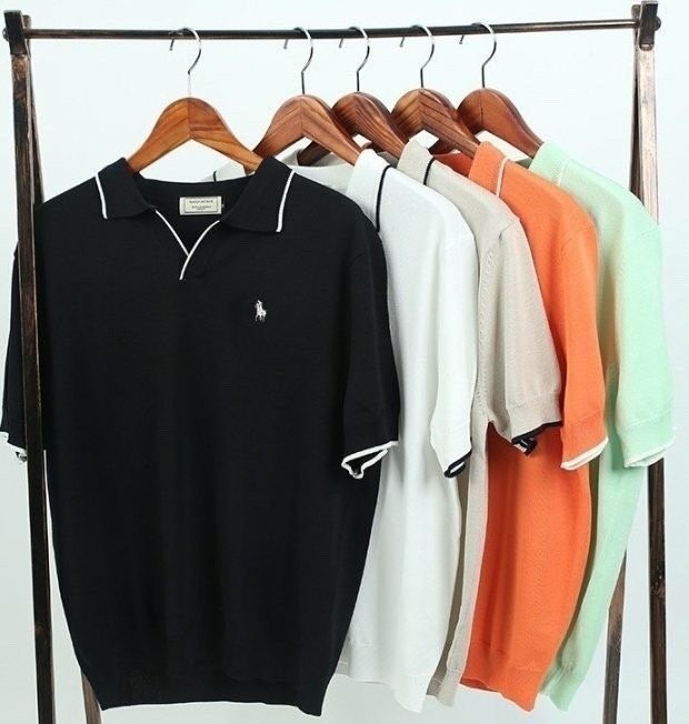 폴로 랄프로렌 배색 오픈 카라 반팔 니트