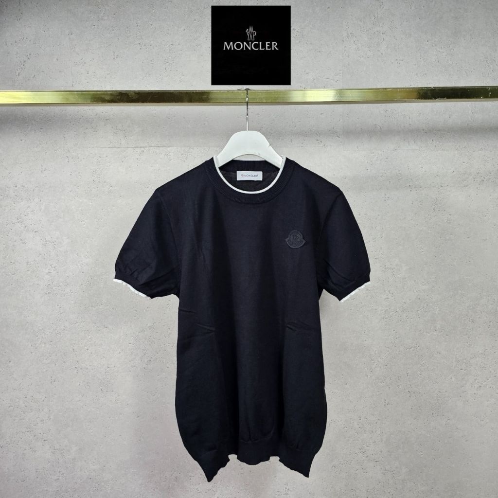 몽클레어 배색 베이직 라운드 하프 반팔 니트