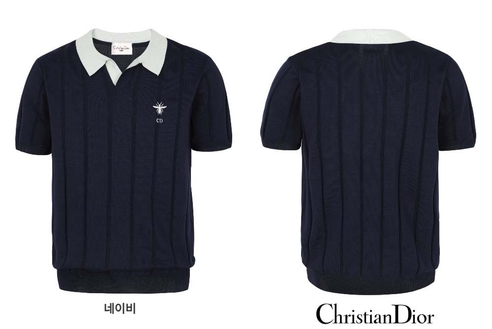 디올 벌 CD 언발 배색 오픈 카라 반팔 니트