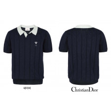 디올 벌 CD 언발 배색 오픈 카라 반팔 니트