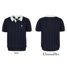 디올 벌 CD 언발 배색 오픈 카라 반팔 니트