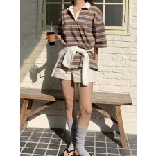 미우미우 여성 스멧 배색 멀티 스트라이프 단가라 반팔 카라티