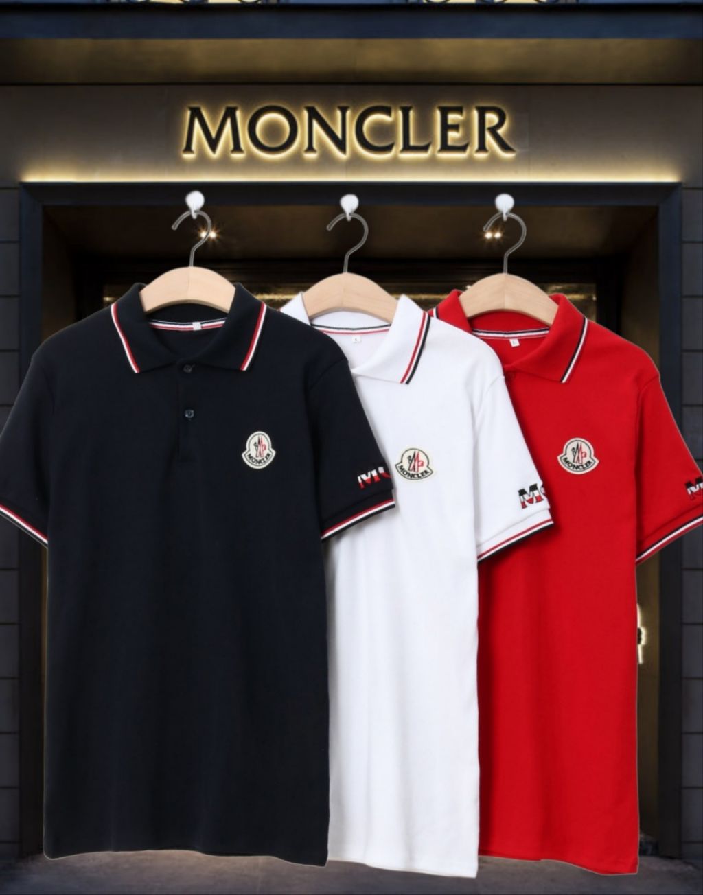 몽클레어 삼색 라인 반팔 카라티