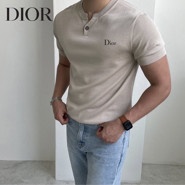 디올 원버튼 헨리넥 반팔 니트