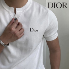 디올 원버튼 헨리넥 반팔 니트