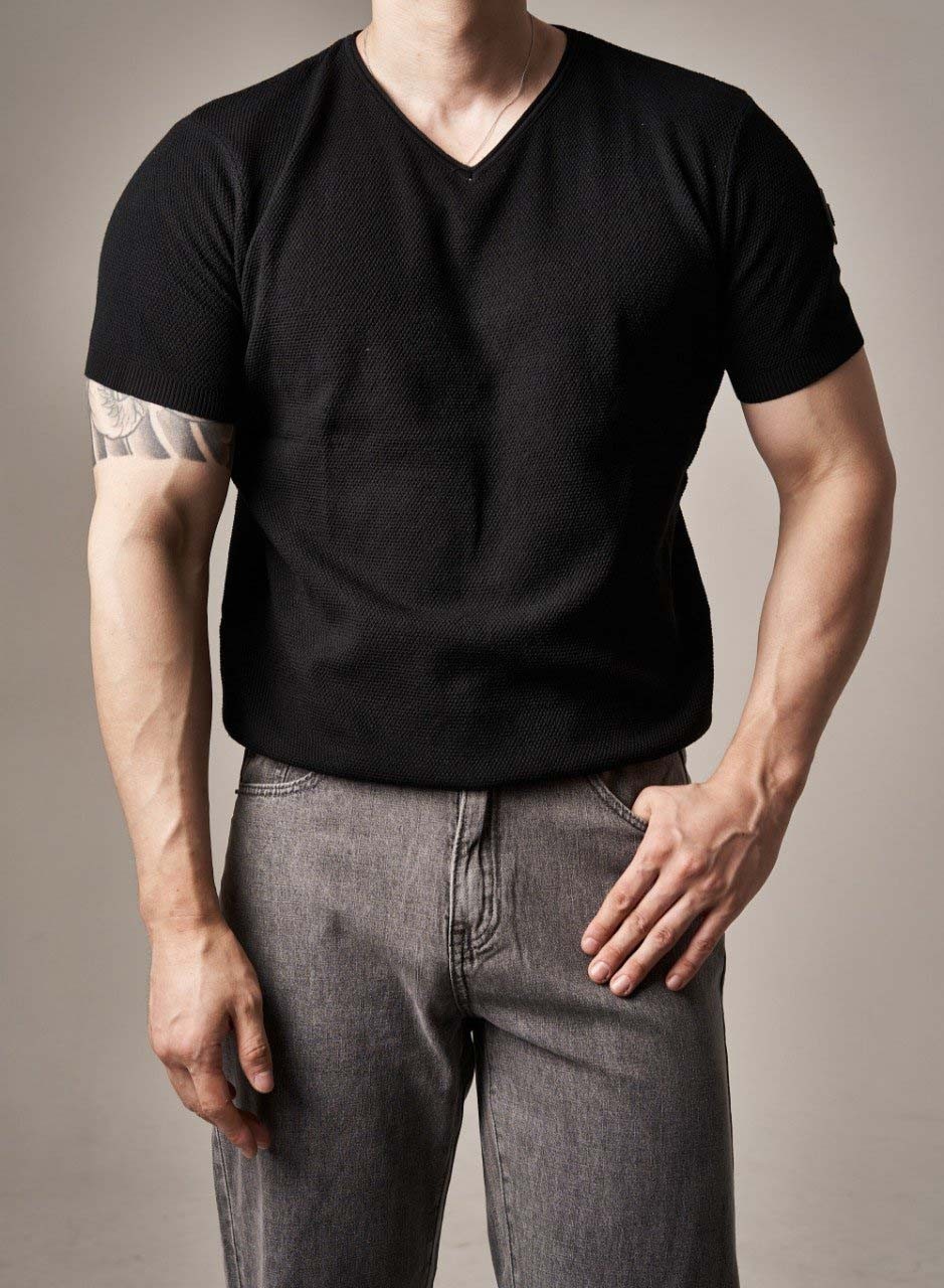 무스너클 V넥 반팔 니트