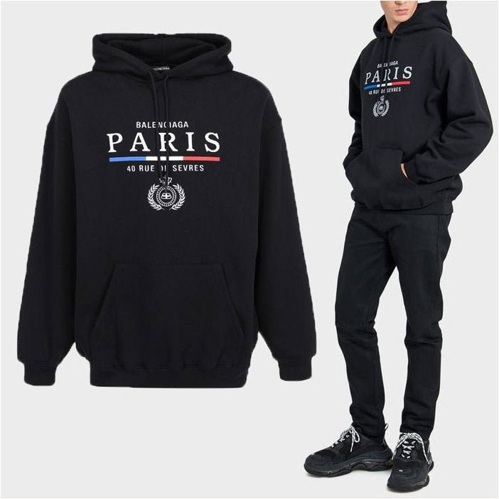 발렌시아가 삼색 라인 파리스 로고 나염 후드티