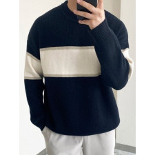 메종키츠네 캐시 하찌 스트라이프 블랙 패치 라운드 니트