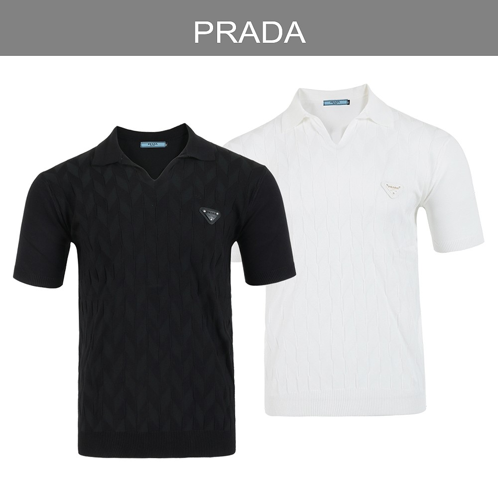 프라다 레더 트라이앵글 오픈 카라 니트