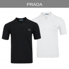 프라다 레더 트라이앵글 오픈 카라 니트