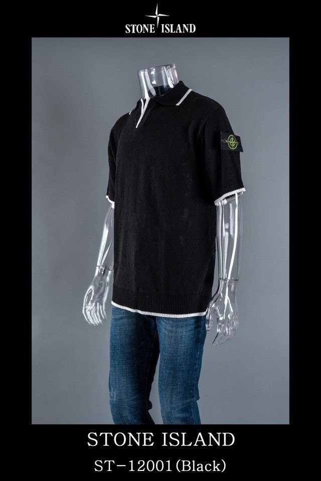 스톤아일랜드 라인 오픈 카라 반팔 니트