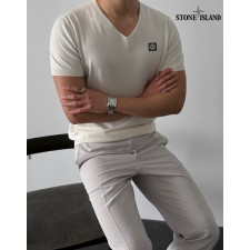 스톤아일랜드 로고 패치 데번 브이넥 반팔 니트