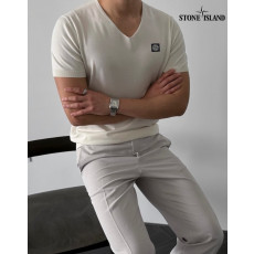 스톤아일랜드 로고 패치 데번 브이넥 반팔 니트