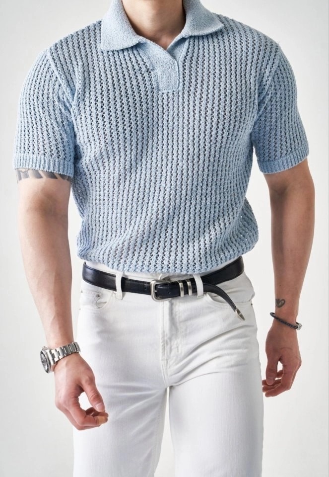 로로피아나 펀칭 린넨 반팔 카라 니트