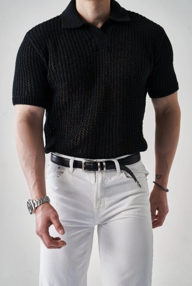 로로피아나 펀칭 린넨 반팔 카라 니트