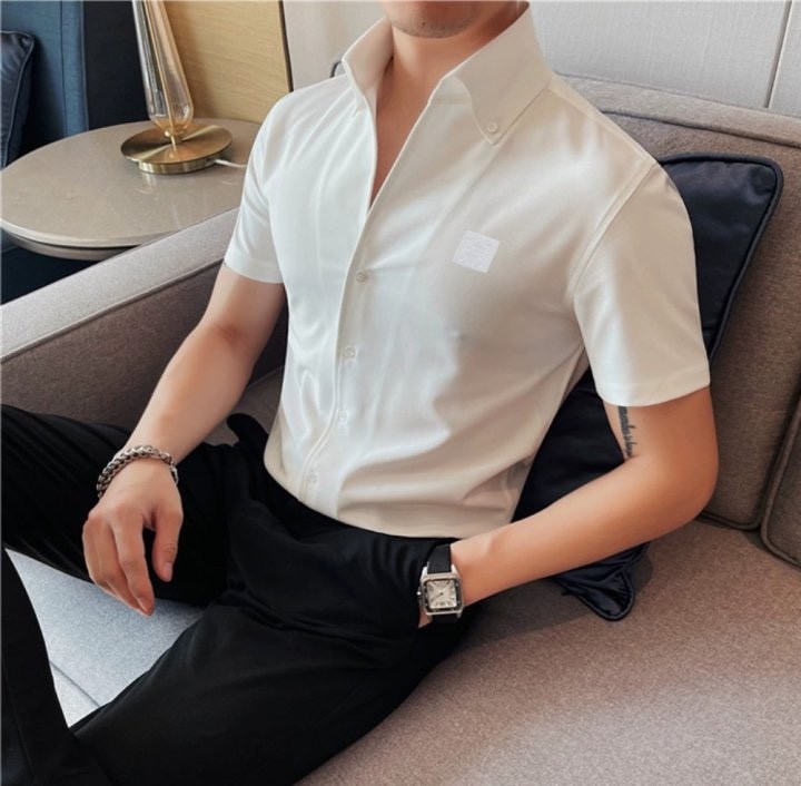 로에베 아나그램 자수 메쉬 오픈 카라 반팔 셔츠