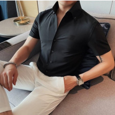 로에베 아나그램 자수 메쉬 오픈 카라 반팔 셔츠