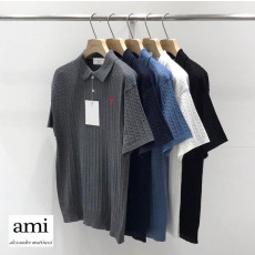 아미 자수 로고 케이블 버튼 카라 반팔 니트