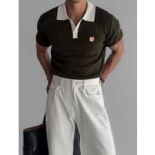 메종키츠네 폭스헤드 클레식 오픈 카라 반팔 니트