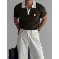 메종키츠네 폭스헤드 클레식 오픈 카라 반팔 니트