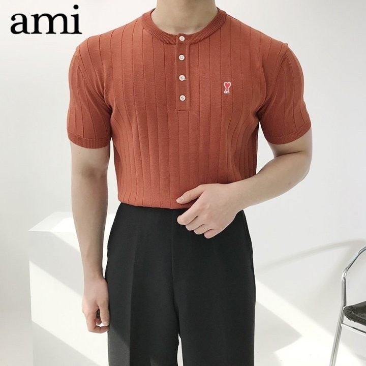 아미 스몰 하트 머슬핏 버튼 반팔 니트