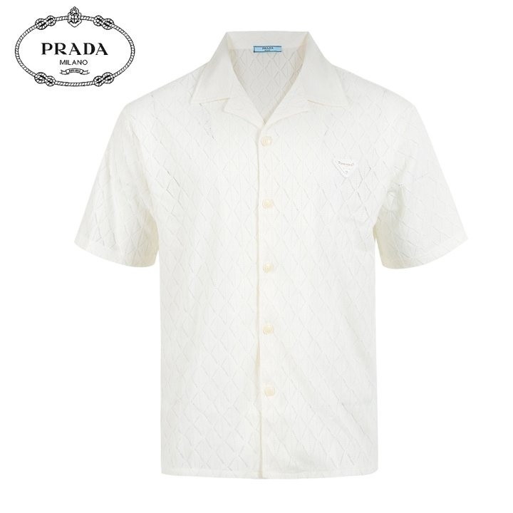 프라다 클래식 레더 자카드 반팔 셔츠