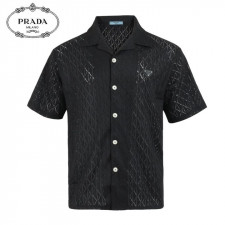 프라다 클래식 레더 자카드 반팔 셔츠