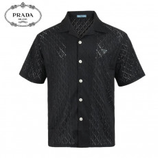 프라다 클래식 레더 자카드 반팔 셔츠