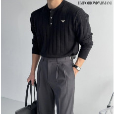 알마니 쓰리 버튼 탭 골지 헨리넥 니트