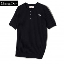 디올 미니 CD 쿨링 골지 헨리넥 반팔 니트