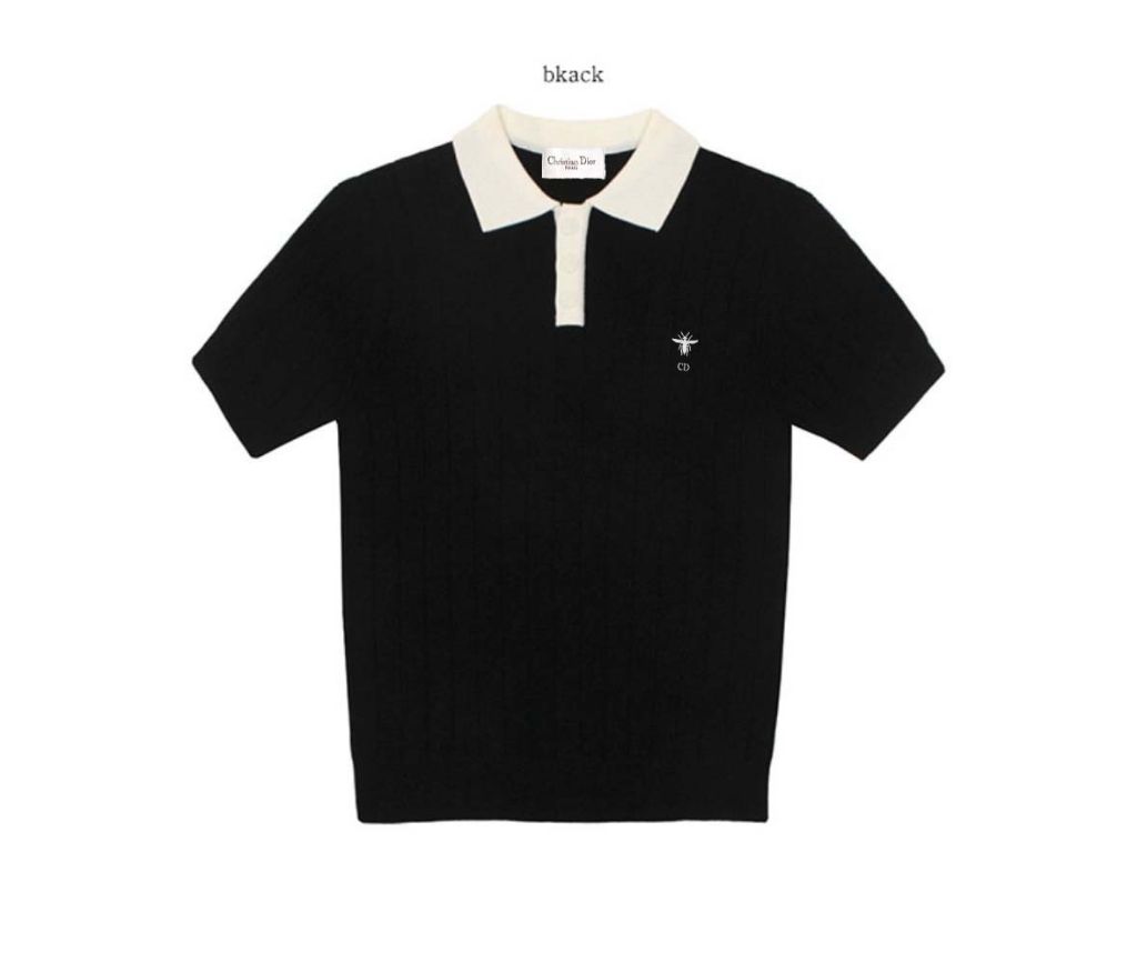 디올 벌 배색 카라 골지 반팔 니트