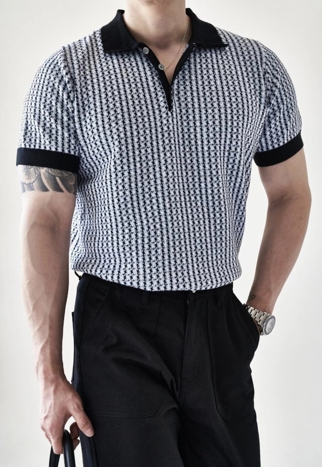 로로피아나 트위드 린넨 반팔 카라 니트